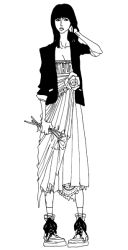 Rule 34 | 1girl, alternate style, dress, female focus, flower, full body, monochrome, nico robin, one piece, shoes, simple background, solo, standing