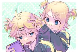 Rule 34 | 1boy, 1girl, :&gt;, ahoge, annoyed, bandaid, bandaid on face, bandaid on nose, blonde hair, blue eyes, flipped hair, hair ornament, hair tie in mouth, hairclip, highres, holding, holding mirror, jacket, jitome, kagamine len, kagamine rin, long sleeves, looking at another, mirror, mouth hold, naimaze atakamo, open clothes, parted bangs, rabbit hair ornament, short hair, short twintails, sleeves past wrists, smile, thick eyebrows, track jacket, twintails, tying hair, v-shaped eyebrows, vocaloid