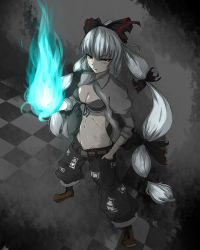 Rule 34 | 1girl, alternate costume, alternate hairstyle, bad id, bad pixiv id, bikini, bikini top only, black rock shooter, black rock shooter (character), black rock shooter (cosplay), blue fire, bow, breasts, checkered floor, cleavage, cosplay, female focus, fire, floor, from above, fujiwara no mokou, groin, hair bow, hair ribbon, highres, inu (rionheart), long hair, lowleg, lowleg pants, multi-tied hair, pants, perspective, red eyes, ribbon, solo, swimsuit, touhou, twintails, very long hair, white hair, winu (hertrion)