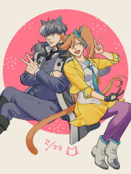 Rule 34 | 1boy, 1girl, ace attorney, animal ears, athena cykes, black footwear, black hair, black jacket, black necktie, black pants, black vest, blue bow, blue necktie, bow, cat boy, cat day, cat ears, cat girl, cat tail, closed eyes, closed mouth, cropped jacket, dated, hair between eyes, hair bow, jacket, jewelry, long hair, looking at viewer, multicolored hair, necklace, necktie, nekowosuu, open clothes, open jacket, open mouth, orange hair, pants, pantyhose, shirt, side ponytail, simon blackquill, skirt, tail, two-tone hair, v, very long hair, vest, w, white footwear, white hair, white shirt, yellow jacket, yellow skirt