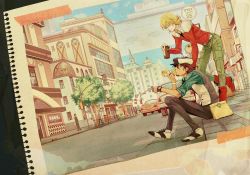 Rule 34 | 10s, 2boys, bad id, bad pixiv id, barnaby brooks jr., blonde hair, boots, bracelet, brown eyes, brown hair, cabbie hat, cityscape, coffee, eating, facial hair, faux traditional media, glasses, green eyes, hat, hot dog, jacket, jewelry, kaburagi t. kotetsu, mori-003, multiple boys, necktie, red jacket, sitting, stubble, tiger &amp; bunny, vest, waistcoat, watch, wristwatch