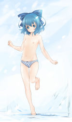Rule 34 | 1girl, :o, abe kanari, barefoot, blue eyes, blue hair, blush, bow, bow panties, cirno, feet, flat chest, groin, hair bow, highres, leg up, looking at viewer, matching hair/eyes, navel, nipples, no wings, panties, panties only, petite, plaid, plaid panties, short hair, snow, solo, standing, standing on one leg, toes, topless, touhou, underwear, underwear only