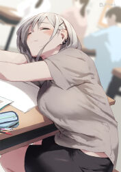 Rule 34 | 1boy, 3girls, black shorts, blush, breasts, closed eyes, closed mouth, commentary request, ear piercing, grey hair, grey shirt, hair ornament, hairclip, jonsun, medium breasts, multiple girls, original, piercing, riku (jonsun), shirt, short hair, short sleeves, shorts, sitting, smile, solo focus, table