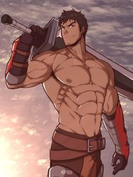 Rule 34 | 1boy, abs, absurdres, bara, belt, biceps, black hair, brown belt, brown eyes, brown pants, character request, dark-skinned male, dark skin, dota: dragon&#039;s blood, dota (series), dota 2, dragon knight (dota), facial hair, goatee, head tilt, highres, holding, holding sword, holding weapon, inunekostudio, large pectorals, long sword, male focus, mature male, muscular, muscular male, navel, navel hair, nipples, over shoulder, pants, pectorals, short hair, sideburns, smile, solo, stomach, stubble, sword, topless male, veins, weapon, weapon over shoulder