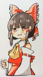 Rule 34 | 1girl, :d, ascot, bad id, bad pixiv id, bare shoulders, blush, bow, brown eyes, brown hair, clenched hand, detached sleeves, from side, hair bow, hair tubes, hakurei reimu, highres, marker (medium), nervous smile, open mouth, red bow, red skirt, red vest, sasa kichi, short hair, sidelocks, skirt, smile, solo, sweatdrop, touhou, traditional media, trembling, upper body, vest, wing collar, yellow ascot