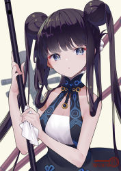 Rule 34 | 1girl, bare shoulders, blue dress, blue eyes, blunt bangs, blush, breasts, detached sleeves, double bun, dress, fate/grand order, fate (series), feixiang c, flute, hair bun, hands on own chest, highres, instrument, large breasts, long hair, looking at viewer, pipa (instrument), purple hair, sidelocks, solo, twintails, very long hair, white background, yang guifei (fate), yang guifei (first ascension) (fate)