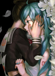 2girls absurdres ahoge apricot_(vocaloid) aqua_eyes aqua_hair aqua_nails black_background black_serafuku black_skirt brown_hair closed_mouth collared_shirt commentary_request flower flower_request from_side grey_shirt hair_between_eyes hand_on_another&#039;s_face hatsune_miku highres long_hair long_sleeves multiple_girls nail_polish note_on_back number_tattoo petals profile rearea_7777 sailor_collar school_uniform serafuku shirt short_sleeves shoulder_tattoo skirt tattoo twintails upper_body vocaloid white_flower white_sailor_collar