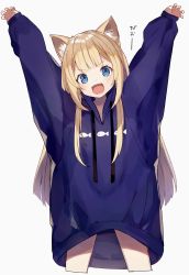 Rule 34 | 1girl, :d, animal ear fluff, animal ears, animal print, arms up, blonde hair, blue eyes, blunt bangs, claw pose, fangs, fish print, grey background, hood, hood down, hoodie, legs apart, long hair, naked hoodie, open mouth, original, oversized clothes, shugao, simple background, sleeves past wrists, smile, solo, v-shaped eyebrows, very long hair