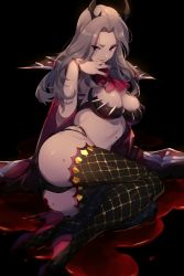 Rule 34 | 1girl, alternate costume, ascot, ass, bikini, black background, black bikini, black nails, blood, breasts, cape, carmilla (fate), cleavage, closed mouth, commentary request, echo (circa), fate/grand order, fate (series), forehead, hair ornament, hand on own chin, high heels, jewelry, lips, long hair, looking at viewer, lying, medium breasts, nail, nail polish, purple eyes, red ascot, red cape, ring, simple background, smile, solo, swimsuit, thighhighs, white hair