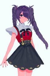 Rule 34 | 1girl, ame-chan (needy girl overdose), black ribbon, black skirt, closed mouth, collared shirt, cowboy shot, drill hair, hair over one eye, long hair, looking at viewer, neck ribbon, needy girl overdose, official alternate hairstyle, purple eyes, purple hair, red shirt, ribbon, shirt, simple background, skirt, solo, standing, suspender skirt, suspenders, twin drills, twintails, white background, yumeno (yume0601)