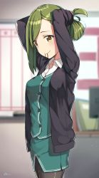 Rule 34 | 1girl, absurdres, adjusting hair, asymmetrical hair, bad id, bad twitter id, black cardigan, black jacket, black pantyhose, blurry, blurry background, blush, breasts, buttons, cardigan, cloba, collared shirt, cowboy shot, double-breasted, folded ponytail, green hair, highres, idolmaster, idolmaster shiny colors, inactive account, indoors, jacket, long hair, long sleeves, looking at viewer, medium breasts, mouth hold, nanakusa hazuki, office lady, open cardigan, open clothes, open jacket, pantyhose, pencil skirt, shirt, skirt, standing, white shirt, yellow eyes