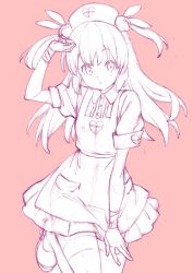 Rule 34 | 1girl, :o, apron, arm at side, arm up, bandaged arm, bandages, blush, breasts, center frills, frills, graphite (medium), hair ornament, hat, heart, heart print, kanzaki hiro, leg up, long hair, looking at viewer, monochrome, natori sana, nurse cap, open mouth, pink background, pocket, puffy short sleeves, puffy sleeves, purple theme, rabbit hair ornament, raised eyebrows, sana channel, shoes, short sleeves, simple background, sketch, sleeve cuffs, small breasts, solo, standing, standing on one leg, traditional media, two side up, virtual youtuber, wing collar