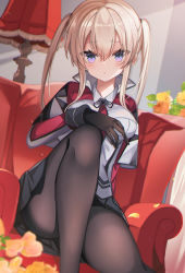 Rule 34 | 1girl, absurdres, armchair, black gloves, black pantyhose, black skirt, blonde hair, breasts, celtic knot, chair, fathom, gloves, graf zeppelin (kancolle), hair between eyes, highres, indoors, kantai collection, large breasts, military, military uniform, miniskirt, necktie, pantyhose, pleated skirt, purple eyes, red necktie, sidelocks, sitting, skirt, solo, twintails, uniform