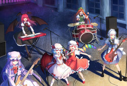 Rule 34 | 6+girls, :d, bat wings, blonde hair, blue hair, boots, braid, brown hair, capelet, crescent, dress, drum, drum set, electric guitar, female focus, fender stratocaster, flandre scarlet, greetload, guitar, hat, hat ribbon, head wings, holding, hong meiling, instrument, izayoi sakuya, keyboard, koakuma, long hair, maid, maid headdress, mary janes, microphone, mob cap, multiple girls, open mouth, outstretched arms, pantyhose, patchouli knowledge, piano, purple eyes, purple hair, red eyes, red hair, remilia scarlet, ribbon, shadow, shoes, silver hair, smile, star (symbol), touhou, twin braids, wings, wrist cuffs