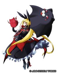 Rule 34 | 1girl, :3, :p, arc system works, bat (animal), blazblue, blazblue: continuum shift, blonde hair, blunt bangs, blush stickers, capelet, cat, colored skin, cross, flying, frills, from behind, full body, gii, goth fashion, hair ribbon, katou yuuki, long hair, looking back, nago, o o, official art, parasol, platform footwear, rachel alucard, red eyes, red skin, ribbon, sandals, skirt, socks, solo, standing, tongue, tongue out, transparent background, twintails, umbrella, vampire, very long hair, yuki kato