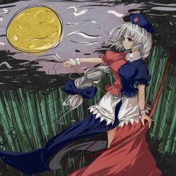Rule 34 | 1girl, bad id, bad pixiv id, bamboo, bamboo forest, blue eyes, bow, bow (weapon), braid, breasts, dress, female focus, forest, full moon, hair bow, large breasts, long hair, moon, nature, side slit, silver hair, solo, touhou, wahara romasa, weapon, yagokoro eirin