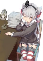 Rule 34 | 10s, 1girl, amatsukaze (kancolle), black panties, brown eyes, chair, desk, dress, fu-ta, garter straps, gloves, hair tubes, hand on own cheek, hand on own face, head rest, kantai collection, lamp, long hair, looking at viewer, panties, papers, sailor dress, see-through, short dress, silver hair, sitting, solo, striped clothes, striped thighhighs, thighhighs, twintails, two side up, underwear, uniform, waiting, zettai ryouiki