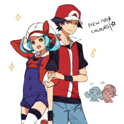 Rule 34 | 00s, 10s, 1990s (style), 2boys, 2girls, alternate color, baseball cap, black hair, blue hair, brown eyes, commentary, creatures (company), dual persona, english text, game freak, hat, kris (pokemon), lyra (pokemon), multiple boys, multiple girls, nintendo, pokemon, pokemon bw2, pokemon frlg, pokemon gsc, pokemon hgss, pokemon rgby, red (pokemon), red (pokemon frlg), retro artstyle, ribbon, surprised, tribute (tributism), twintails