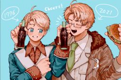 Rule 34 | 1776, 2021, ahoge, america (hetalia), arm around shoulder, axis powers hetalia, bad id, bad pixiv id, bomber jacket, burger, coca-cola, dated, dual persona, english text, fang, food, gakudayo, grin, highres, jacket, looking at another, looking to the side, smile, time paradox