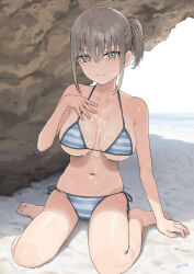 Rule 34 | 1girl, annoyed, arm at side, barefoot, beach, bikini, blue bikini, blue eyes, blush, breasts, character request, closed mouth, commentary request, dated, day, feet, getsuyoubi no tawawa, grey hair, hand on own chest, highres, kaedeko (kaedelic), large breasts, looking at viewer, maegami-chan (tawawa), navel, ponytail, sand, short hair, side-tie bikini bottom, sidelocks, signature, sitting, striped bikini, striped clothes, suggestive fluid, swimsuit, toes, wariza