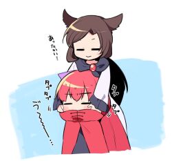 Rule 34 | 2girls, = =, black shirt, blush, bow, brown hair, cape, closed eyes, commentary request, dress, imaizumi kagerou, jewelry, long hair, long sleeves, multiple girls, nakukoroni, purple bow, red cape, red hair, sekibanki, shirt, short hair, simple background, touhou, translation request, white background, white dress