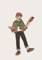 Rule 34 | 1boy, armor, black pants, brown footwear, brown gloves, brown hair, brown jacket, casual, chilchuck tims, contemporary, dungeon meshi, eahsu1994, eating, food in mouth, full body, gloves, green scarf, halfling, hands up, highres, holding, holding plate, holding skewer, ikayaki, jacket, leather armor, long sleeves, looking at viewer, male focus, mouth hold, neck warmer, pants, plate, scarf, shirt, shoes, short hair, simple background, skewer, solo, standing, standing on one leg, sweater, sweater around neck, turtleneck, white shirt, white sweater