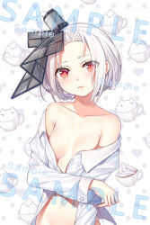 Rule 34 | 1girl, bad id, bad pixiv id, bare shoulders, blush, breasts, closed mouth, collarbone, cream, creature, cup, fictional persona, forehead, frown, heart, heart background, long sleeves, looking at viewer, naked shirt, navel, no bra, off shoulder, open clothes, open shirt, out-of-frame censoring, parted bangs, philomelalilium, polka dot, polka dot background, red eyes, sample watermark, shirt, short hair, silver hair, small breasts, smug, teacup, upper body, vittorio veneto (warship girls r), warship girls r, watermark, white shirt