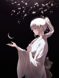 Rule 34 | 1girl, absurdres, black background, cherry blossoms, crescent moon, earrings, from side, highres, iamahri1994, japanese clothes, jewelry, kimono, long hair, long sleeves, mole, mole under eye, moon, obi, original, parted lips, pink eyes, ponytail, sash, simple background, solo, white hair, white kimono, wide sleeves