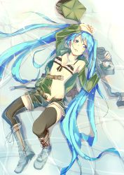Rule 34 | 1girl, belt, bikini, bikini top only, blue eyes, blue hair, boots, breasts, character name, fu-ta, hatsune miku, highres, long hair, lying, matching hair/eyes, on back, open clothes, open shirt, partially submerged, shirt, shorts, small breasts, solo, striped bikini, striped clothes, swimsuit, thighhighs, twintails, very long hair, vocaloid