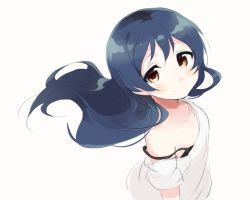 Rule 34 | 1girl, bad id, bad pixiv id, black bra, blue hair, blush, bra, commentary request, hair between eyes, long hair, looking at viewer, love live!, love live! school idol project, off-shoulder shirt, off shoulder, shirt, simple background, smile, solo, sonoda umi, totoki86, underwear, white background, yellow eyes