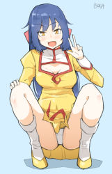 Rule 34 | 1990s (style), 1girl, agent aika, aika (series), blue background, blue hair, blush, boca, breasts, brown eyes, cleavage cutout, clothing cutout, crotch, delmo, dress, female focus, full body, golden delmo, legs, long hair, long sleeves, looking at viewer, medium breasts, open mouth, panties, pantyshot, puffy sleeves, retro artstyle, ribbon, rie petoriyacowa, short dress, simple background, skirt, smile, socks, solo, spread legs, squatting, underwear, uniform, upskirt, v, very long hair, white panties, white socks