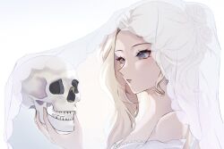 1girl blonde_hair blue_eyes bridal_veil dress genshin_impact highres holding holding_skull long_hair red_lips sakarvia signora_(genshin_impact) simple_background skull solo upper_body veil wedding_dress white_background white_dress