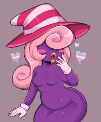 Rule 34 | 1girl, annoyingcatenby, blush stickers, breasts, colored skin, curly hair, gloves, hair over eyes, hat, heart, highres, mario (series), medium breasts, nintendo, open mouth, paper mario, paper mario: the thousand year door, pink hair, plump, purple skin, solo, striped clothes, striped headwear, transgender flag, transgender symbol, two-tone headwear, vivian (paper mario), white gloves, witch hat, yellow lips