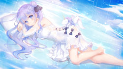 Rule 34 | 1girl, asanogawa (tutufcc), azur lane, bare shoulders, barefoot, black bow, black ribbon, blue sky, blush, bow, breasts, closed mouth, cloud, commentary request, day, detached sleeves, dress, hair between eyes, hair bun, hair ribbon, long sleeves, lying, medium breasts, on side, one side up, pillow, ribbon, side bun, single hair bun, single side bun, sky, sleeveless, sleeveless dress, smile, solo, stuffed animal, stuffed pegasus, stuffed toy, stuffed unicorn, stuffed winged unicorn, unicorn (azur lane), white dress