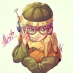 Rule 34 | 1girl, aluman, chrono trigger, closed mouth, glasses, green eyes, helmet, looking at viewer, lucca ashtear, purple hair, scarf, short hair, signature, simple background, smile, solo
