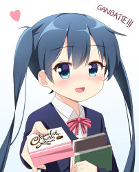 Rule 34 | 1girl, :d, absurdres, blue background, blue eyes, blue hair, blue sweater, blush, book, bow, bowtie, box, collared shirt, commentary, english commentary, english text, fingernails, gradient background, hair between eyes, heart, highres, holding, holding box, ikazu401, kin-iro mosaic, komichi aya, long hair, looking at viewer, open mouth, outstretched arm, pink bow, pink bowtie, romaji text, shirt, sidelocks, smile, solo, striped bow, striped bowtie, striped clothes, striped neckwear, sweater, twintails, very long hair, white background, white shirt