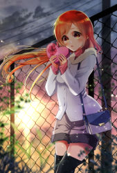 Rule 34 | 1girl, bad id, bad pixiv id, bag, black footwear, bleach, boots, box, brown eyes, coat, cowboy shot, floating hair, fur-trimmed coat, fur trim, gift, gift box, grey coat, grey shorts, handbag, heart-shaped box, holding, holding box, inoue orihime, long hair, long sleeves, orange hair, outdoors, parted bangs, parted lips, red sweater, short shorts, shorts, solo, standing, sunset, sweater, thigh boots, thighhighs, umi (pixiv6861961), very long hair