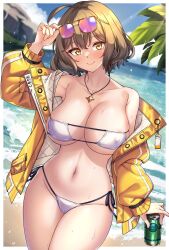 Rule 34 | 1girl, ahoge, anis (nikke), anis (sparkling summer) (nikke), areola slip, beach, bikini, blue sky, border, breasts, brown hair, can, closed mouth, cloud, commentary request, covered erect nipples, cowboy shot, day, drink can, eyepatch bikini, goddess of victory: nikke, highres, holding, holding can, jacket, jewelry, large breasts, looking at viewer, navel, off shoulder, outdoors, pendant, shirokuma a, short hair, sky, smile, soda can, solo, stomach, swimsuit, wet, white bikini, white border, yellow eyes, yellow jacket