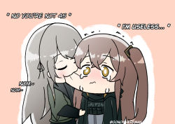 Rule 34 | 00nowhereman, 2girls, biting, black jacket, brown hair, cheek biting, closed eyes, closed mouth, commentary, crying, english commentary, english text, girls&#039; frontline, grey hair, griffin &amp; kryuger, jacket, long hair, long sleeves, multiple girls, one side up, simple background, twitter username, ump40 (girls&#039; frontline), ump45 (girls&#039; frontline), yellow eyes
