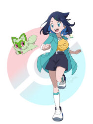 Rule 34 | 1girl, :d, absurdres, black hair, black shorts, coat, commentary request, cowlick, creatures (company), eyelashes, game freak, green coat, green eyes, hair ornament, hairclip, happy, high-waist shorts, highres, jewelry, leg up, liko (pokemon), marie (marie cookie222), necklace, nintendo, open clothes, open coat, open mouth, pokemon, pokemon (anime), pokemon (creature), pokemon horizons, shirt, shoes, shorts, signature, smile, socks, sprigatito, teeth, tongue, upper teeth only, white footwear, white shirt, white socks, yellow bag