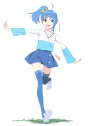 Rule 34 | 1girl, :d, ahoge, akinbo (hyouka fuyou), blue eyes, blue hair, blue shirt, blue skirt, blue thighhighs, blunt bangs, bow, collarbone, full body, hair bow, highres, hirogaru sky! precure, long hair, long sleeves, miniskirt, open mouth, outstretched arms, pleated skirt, precure, running, shirt, side ponytail, simple background, skirt, smile, solo, sora harewataru, thighhighs, two-tone shirt, white background, white footwear, white shirt, yellow bow, zettai ryouiki