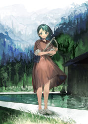 Rule 34 | 1girl, absurdres, brown dress, day, dress, erin (kemono no souja erin), green eyes, green hair, harp, highres, holding, holding instrument, instrument, jewelry, kemono no souja erin, looking at viewer, mountain, mrt mr, necklace, outdoors, pouch, sketch, solo, standing, water, white footwear