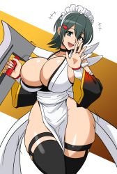 Rule 34 | 1girl, apron, areola slip, breasts, butterfly swords, choker, cleavage, frilled leotard, frills, hand up, highres, holding, huge breasts, iroha (samurai spirits), large breasts, leotard, looking at viewer, maid, maid headdress, mergeritter, no bra, samurai spirits, shiny skin, sideboob, signature, smile, standing, sword, thick thighs, thighhighs, thighs, waving, weapon, white background, wide hips, yellow background