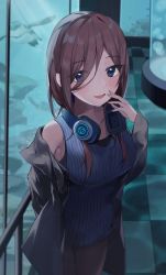 Rule 34 | 1girl, :d, aquarium, arms behind back, bad id, bad twitter id, bird, black jacket, black pantyhose, blue eyes, blue sweater, blush, breasts, brown hair, casual, collarbone, commentary request, eyes visible through hair, go-toubun no hanayome, headphones, headphones around neck, highres, jacket, large breasts, long hair, looking at viewer, nakano miku, nel dcm, open clothes, open jacket, open mouth, pantyhose, penguin, sidelocks, sleeveless, sleeveless sweater, smile, solo, sweater