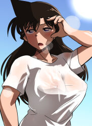 Rule 34 | 1girl, blue eyes, breasts, brown hair, covered erect nipples, female focus, large breasts, long hair, meitantei conan, mouri ran, nipples, open mouth, poron (pixiv id 17549041), tms entertainment