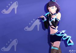 Rule 34 | 1girl, ;), absurdres, aqua belt, artist name, artist request, asaka karin, bare shoulders, belt, black gloves, black legwear, black sleeves, blue background, blue belt, blue bow, blue camisole, blue detached collar, blue eyes, blue hair, blue hat, blue pants, blue shirt, blue shorts, blue tank top, blue wrist cuffs, blush, bow, bowtie, breasts, bridal gauntlets, buttons, camisole, cleavage, collarbone, crop top, dark blue hair, detached collar, detached sleeves, earrings, elbow sleeve, feathers, female focus, fingerless gloves, fishnet legwear, fishnets, gloves, hat, hat feather, highres, jewelry, looking at viewer, love live!, love live! nijigasaki high school idol club, love live! school idol festival, medium hair, midriff, mini hat, mini top hat, mole, mole on body, one eye closed, pants, parted lips, pointing, pointing to the side, pointing up, shirt, short hair, shorts, single bare shoulder, single sleeve, sleeveless, smile, solo, sparkle, sparkle print, star (symbol), star earrings, tank top, thigh strap, top hat, vivid world (love live!), white feathers, wing collar, wrist cuffs