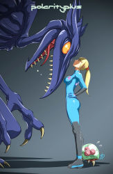Rule 34 | 1girl, alien, blonde hair, blue eyes, bodysuit, breasts, colored sclera, faceoff, flying sweatdrops, from side, hands on own hips, height difference, hiding, hiding behind another, long hair, looking down, looking up, medium breasts, metroid, metroid (creature), monster, nintendo, orange eyes, out of frame, polarityplus, ponytail, revision, ridley, samus aran, size difference, skin tight, standing, super metroid, yellow sclera, zero suit