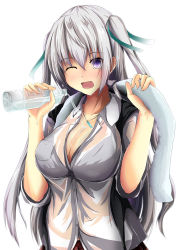 Rule 34 | 1girl, ;d, bad id, bad pixiv id, blush, breasts, cleavage, female focus, jewelry, kanzaki kureha, large breasts, long hair, looking at viewer, necklace, one eye closed, open mouth, original, pouring, purple eyes, silver hair, simple background, smile, solo, towel, twintails, two side up, wet, wet clothes, white background, wink