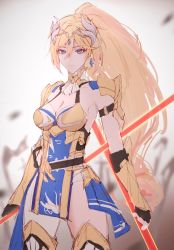 Rule 34 | 1girl, armor, bare shoulders, bianka durandal ataegina, bianka durandal ataegina (dea anchora), blonde hair, blue eyes, breasts, circlet, cleavage, closed mouth, dual wielding, earrings, fingerless gloves, gauntlets, gloves, highres, holding, holding polearm, holding weapon, honkai (series), honkai impact 3rd, jewelry, long hair, looking at viewer, napppptt, polearm, ponytail, sketch, solo, spear, unfinished, very long hair, weapon, white background