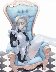 Rule 34 | 1girl, absurdres, armchair, bbul horn, black dress, chair, checkered floor, closed mouth, dress, feet out of frame, frills, from side, gloves, grey eyes, grey hair, greyscale, highres, holding, long hair, long sleeves, looking at viewer, looking to the side, maid, maid headdress, monochrome, original, sitting, solo, thighhighs, white gloves, white thighhighs